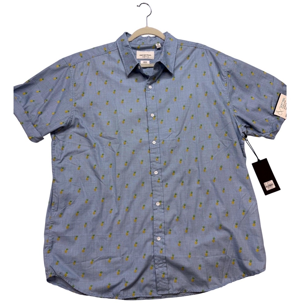 Paperdenim&cloth Button Up Shirt Mens 2X Blue New‎ Pineapple Print Short Sleeve